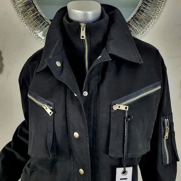 NWT~$295~I AM GIA~S/M~BLACK MILITARY UTILITY CARGO DENIM JEAN JACKET COAT - Picture 9 of 16